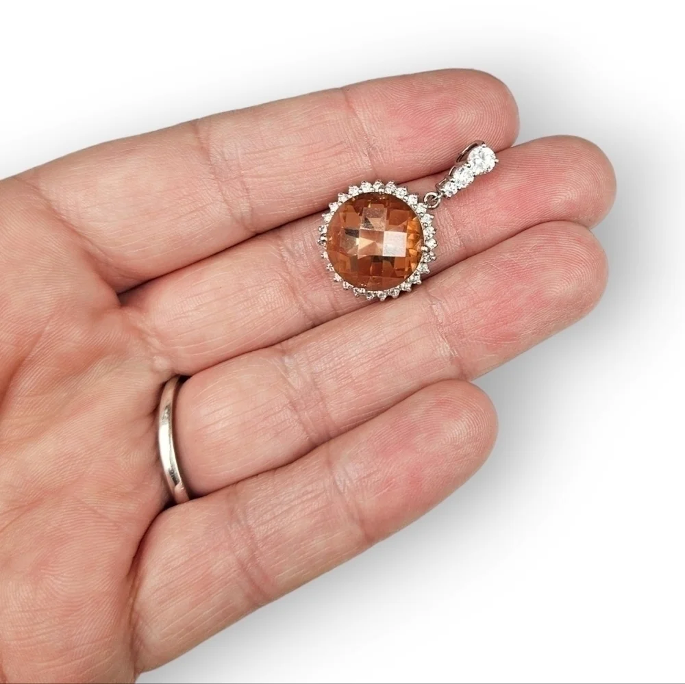 Sterling CZ Halo Pendant Faceted Amber Glass Pave White 925 Silver Drop 1 1/8